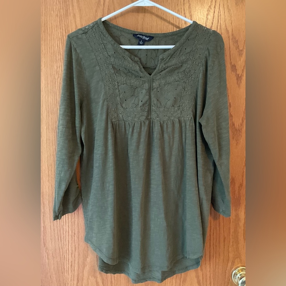 Lucky Brand Dark Sage Baby Doll Eyelet Shirt Sz Lg